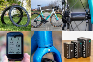 A 3:2 image divided into 6 squares, each showcasing a Chinese brand product (Elitewheels wheels, Winspace Agile frame, Farsports C5 hub, Magene C606 bike computer, YOELEO G21 gravel bike, and Cycplus AS2 mini pumps).