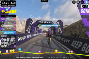 ROUVY Review: Screenshot from ROUVY Passo Pordoi to Corvara Route (Sella Ronda, Italy).