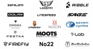 Logos of the best titanium bike brands (Baum, Dolan, Enigma, Festka, Firefly, and more)