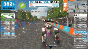 Recenze aplikace Zwift: Snímek obrazovky ze závodu Zwift.