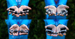 Power Meter Pedals: Favero Assioma DUO, Garmin Rally XC, Wahoo POWRLINK, Garmin Rally RS - each pair in my hands.