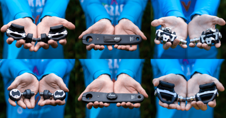 Best Power Meters: Favero Assioma DUO, 4iiii Precision 3, Garmin Rally XC, Wahoo POWRLINK, 4iiii Precision 2, Garmin Rally RS - each pair in my hands.