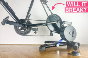Does a Bike Trainer Damage Your Bike? An aluminum Canyon road bike mounted in Elite Novo Force wheel-on trainer