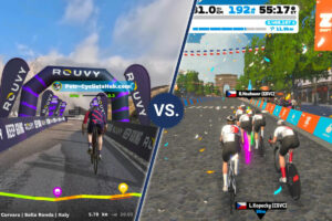 ROUVY vs. Zwift: Screenshot from ROUVY on the left side vs. screenshot from Zwift on the right side.