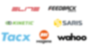 Blurred logos of the best bike trainer brands