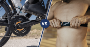 Power Meter vs. Heart Rate Monitor: A road bike with power2max power meter on the left side and a top-less man with the Wahoo TICKR heart rate monitor
