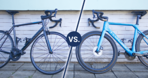 Disc vs. Rim brakes: Canyon Endurance road bike with rim brakes on the left side vs. YOELEO R12 road bike with disc brakes on the right side