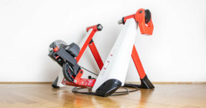 Elite Novo Force Review: The wheel-on trainer on a wooden floor.