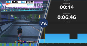 Zwift vs. TrainerRoad: Zwift in-app screen on the left vs. TrainerRoad in-app screen on the right