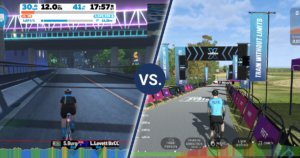 Zwift vs. Wahoo RGT: Zwift in-app screen on the left vs. Wahoo RGT in-app screen on the right