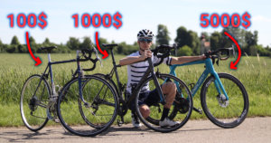 How much should you spent on a bike? Me next to three road bikes in different price ranges