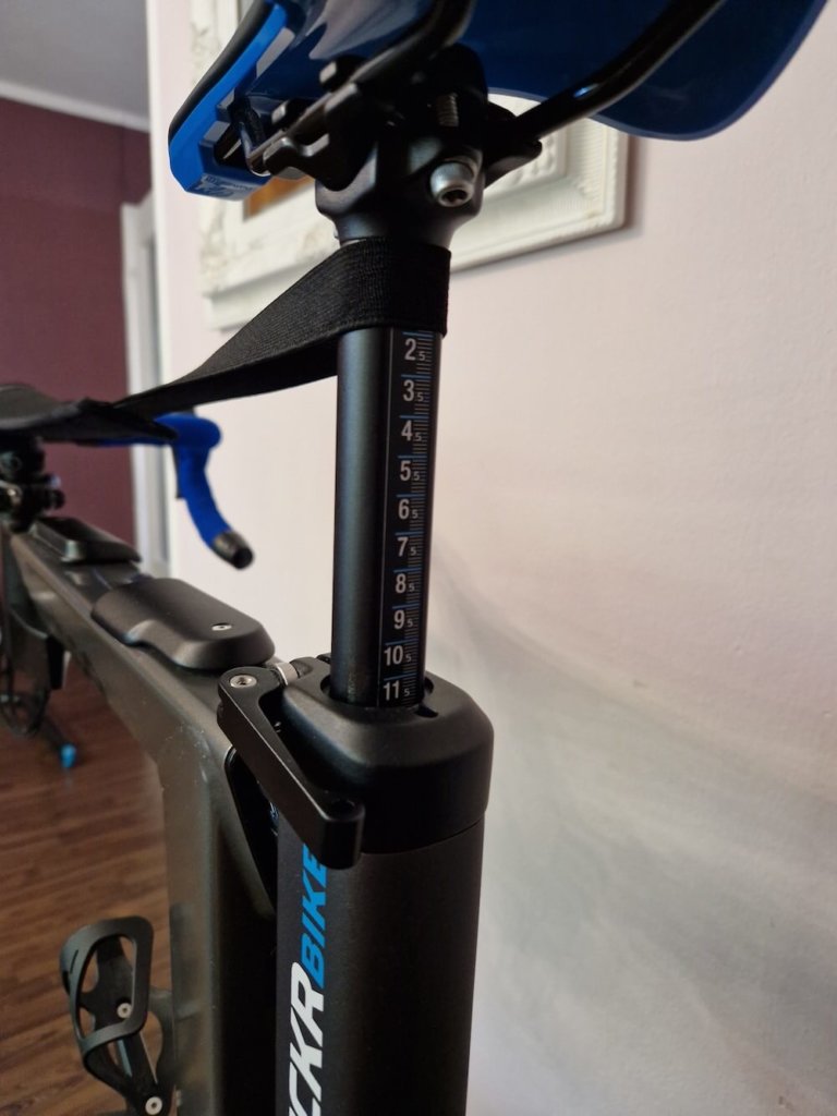 Detail on the Wahoo KICKR Bike seatpost from the rear.