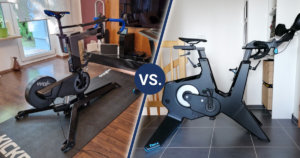 Wahoo KICKR Bike on the left side vs. Tacx NEO Bike on the right side.