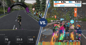 BKOOL vs. Zwift: BKOOL in-app screen on the left vs. Zwift in-app screen on the right.