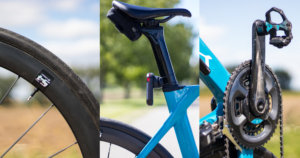 Detalied pictures of some of the best road bike upgrades: Carbon wheels, cycling radar, power meter.