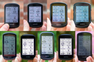 Garmin Edge bike computers: Me holding different bike computers (Edge 530, 830, 540 Solar, 840, 1040 Solar, 550, 1050 Solar, 1050, and 1030 Plus).