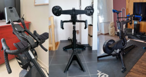 How to choose a smart bike? Stages SB20 cockpit, Tacx NEO Bike from the front, Wahoo KICKR Bike from the rear side