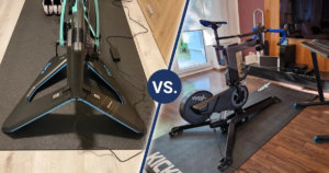 Smart bike trainer Tacx NEO 2T on the left side vs. Smart Bike Wahoo KICKR Bike on the right side.