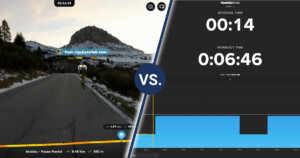 Screenshot from ROUVY on the left side vs. screenshot from TrainerRoad on the right side.