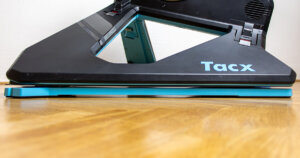 Tacx NEO Motion Plates review: Tacx NEO 2T with NEO Motion Plates on a wooden floor (view from the ground level).