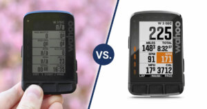 Wahoo ELEMNT ROAM v1 in my hand with pink background on the left side vs. ROAM v2 (product picture) on the right side.