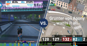 Screenshot from Zwift on the left side vs. screenshot from Wahoo SYSTM on the right side.