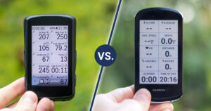 Hammerhead Karoo 2 vs. Garmin Edge 1040: Me holding Karoo 2 on the left side and Edge 1040 on the right side.