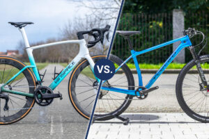 Road bike vs. mountain bike: Road bike on the left side and a mountain bike on the right side.