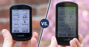 Garmin Edge 830 vs. 1030 Plus: Me holding both bike computers in my left hand at different locations.