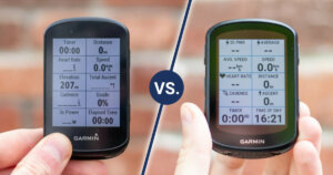 Garmin Edge 530 vs. Edge 540 Solar: Me holding Garmin Edge 530 on the left side, and Edge 540 Solar on the right side.