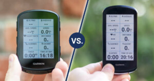Garmin Edge 840 vs. Edge 1040: Me holding Garmin Edge 840 on the left side and the Edge 1040 on the right side.