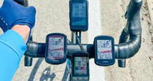 ClimbPro vs. Climber vs. Summit: Garmin Edge 540 Solar, Hammerhead Karoo 2, Wahoo ELEMNT Bolt v2 and Garmin Edge 840 on my handlebar with the ClimbPro, Climber, or Summit features open.