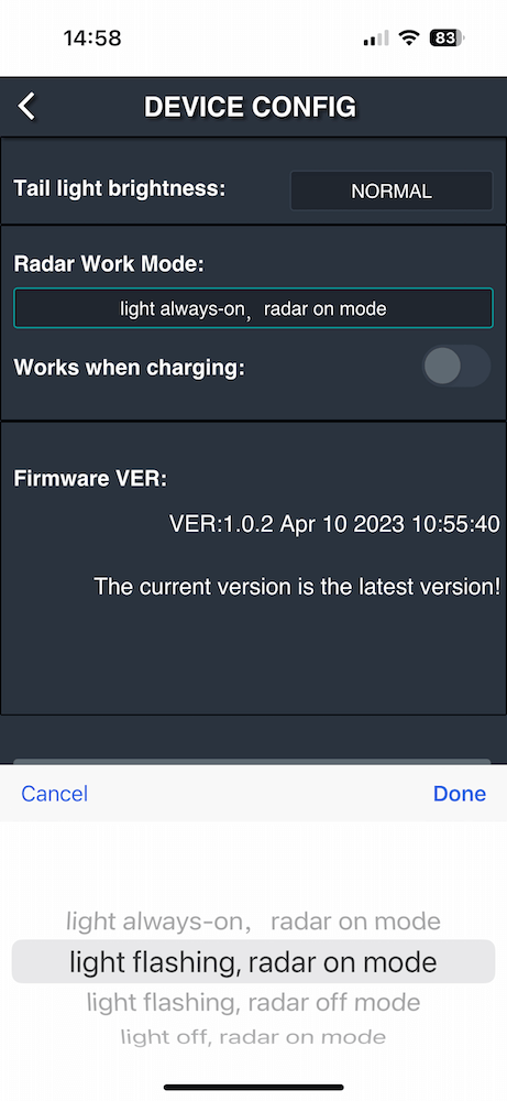 Tutuloo W100 radar app light modes.