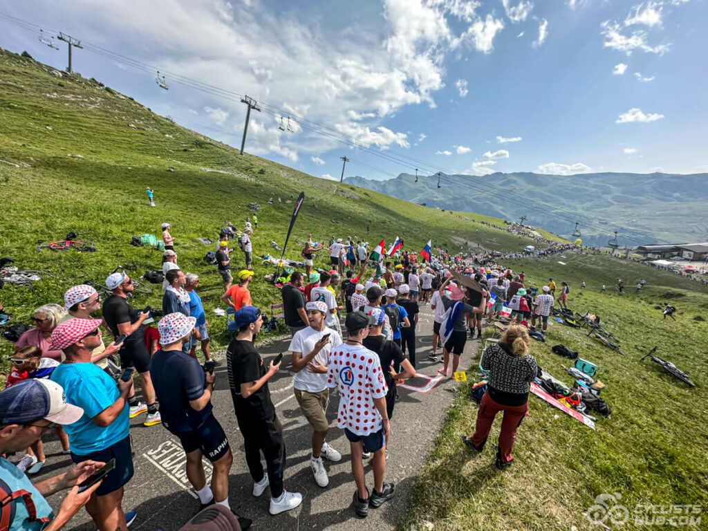 Fans waiting for riders at Col de la Loze climb.