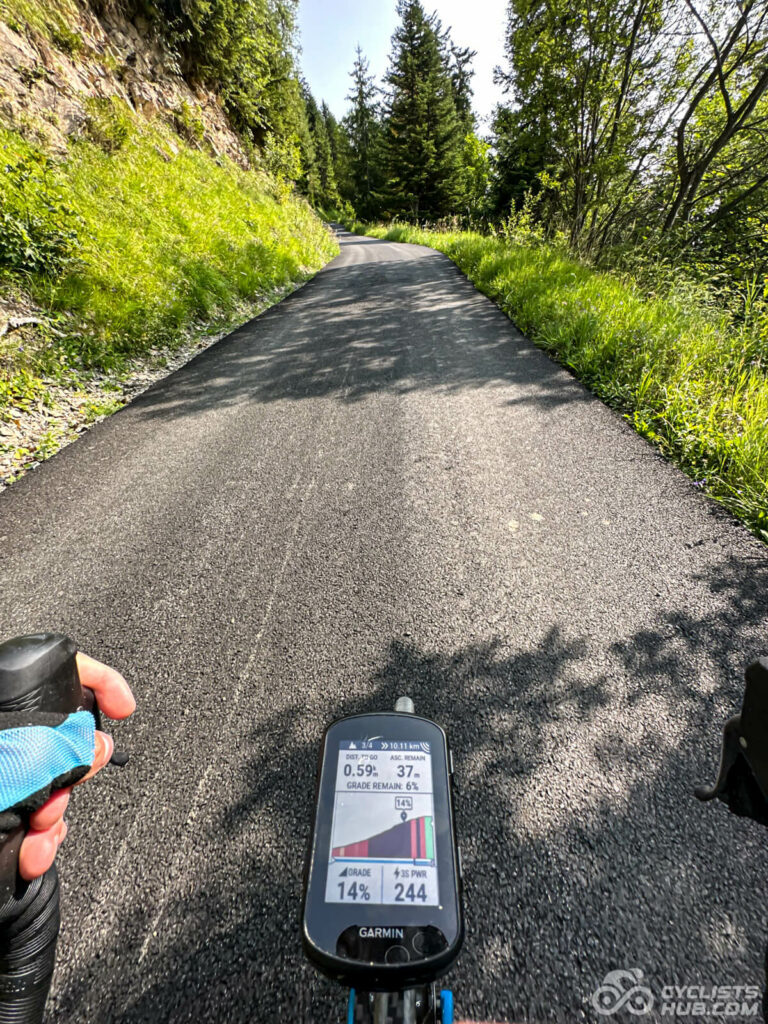 Me riding the steep section of the Col du Sapey.