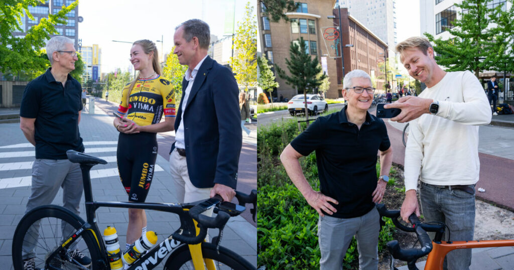 Tim Cook with Jumbo-Visma cyclist Riejanne Markus, Jumbo-Visma cycling team CEO, and Relive app CEO Lex Daniels.