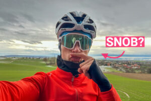 Are you a cycling snob? Me in a cycling helmet and sunglasses doing a selfie doing a parody of a cycling snob.