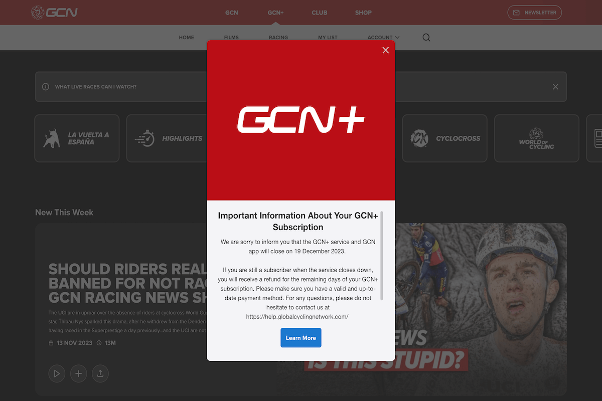 GCN+ Shuts down: Screenshot from the GCN Plus website.