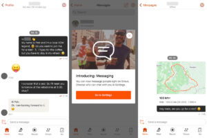 Three screenshots from Strava app - one conversation with a girl, Introducing Messaging popup and me sending a route to a friend.