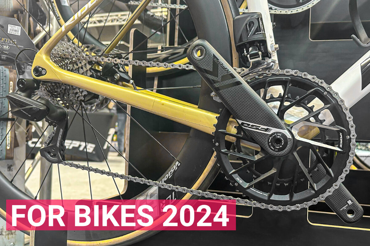 Detail on the FSA K-Force WE 12speed groupset on a Ridley Noah bike and custom For Bikes 2024 graphics.