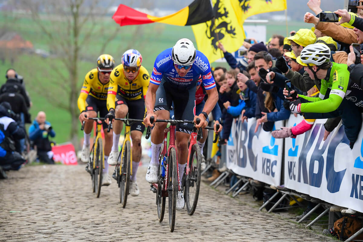 Mathieu van der Poel, Wout van Aert, and Christopher Laporte in the Tour of Flanders. Source: Sirotti