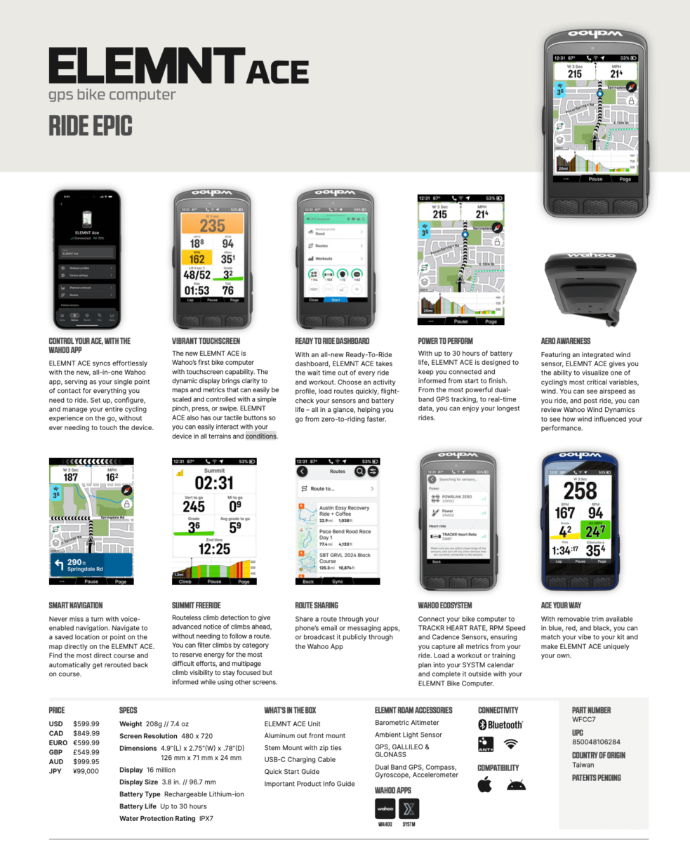 Wahoo ELEMNT Ace leak image showing its features and specifications.
