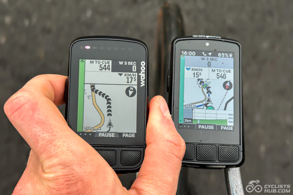 Wahoo ELEMNT BOLT 2 and 3 next to each other with an active navigation on.
