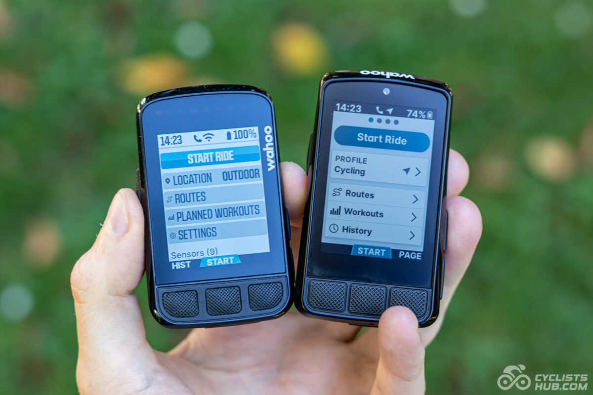 Me holding the Wahoo ELEMNT BOLT v2 vs. v3 showing their readability in direct shadow.