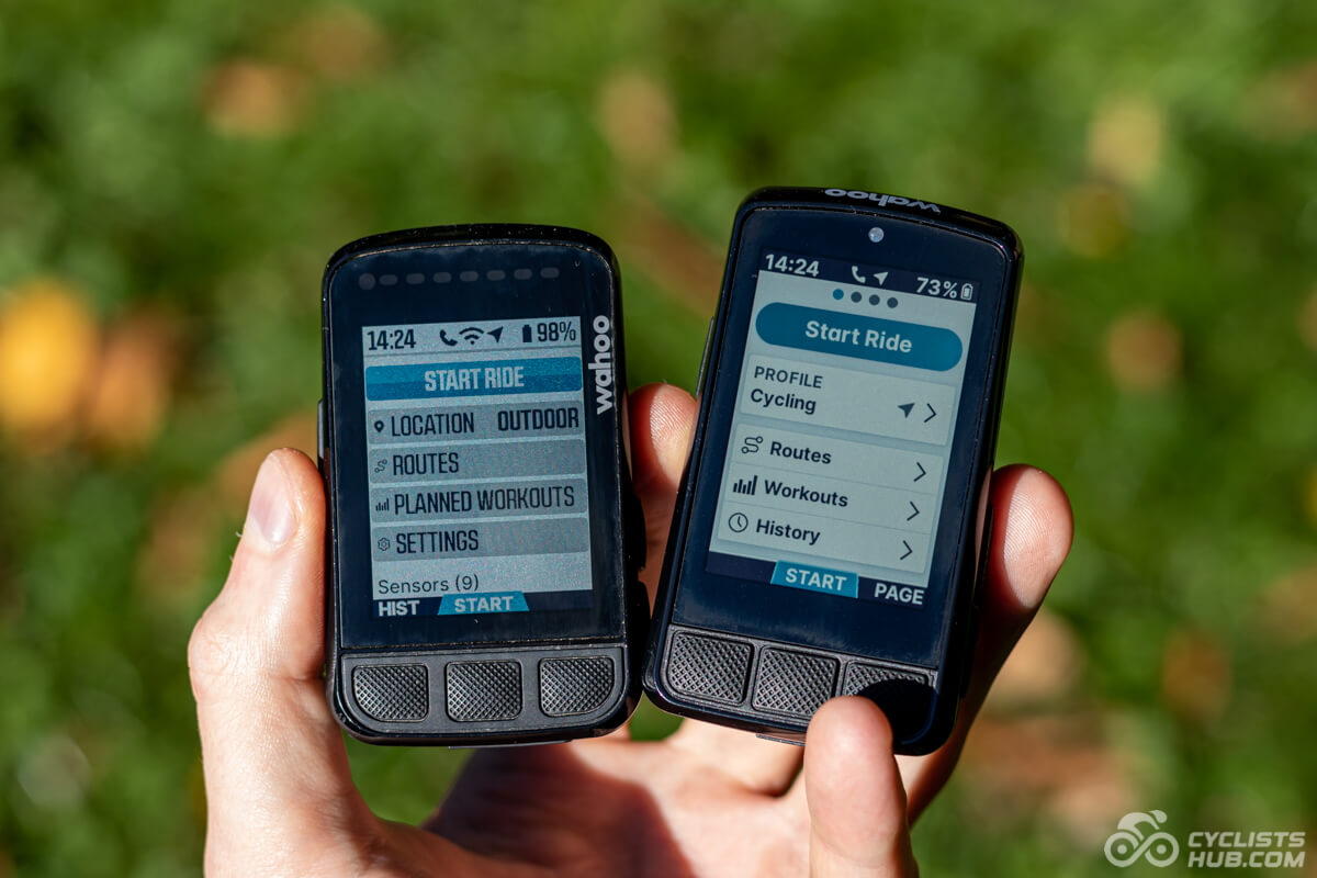 Me holding the Wahoo ELEMNT BOLT v2 vs. v3 showing their readability in sunlight.