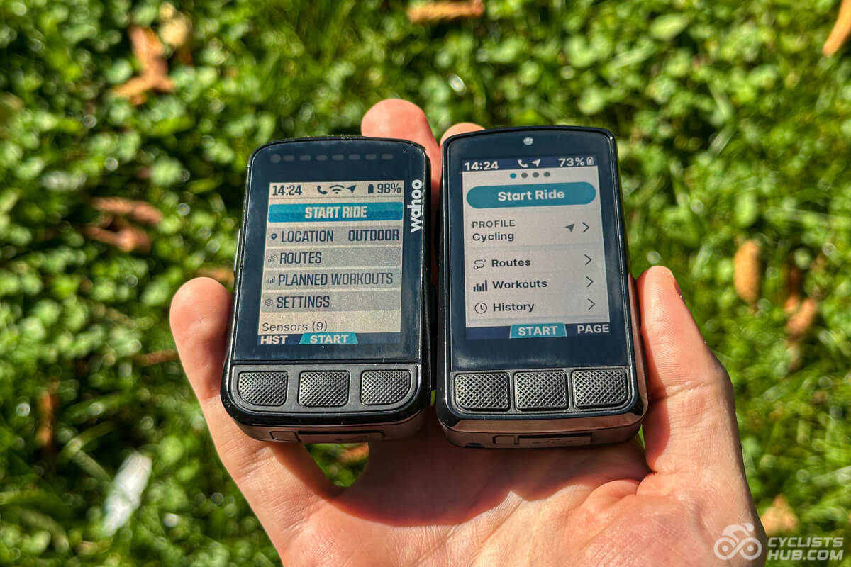 Me holding the Wahoo ELEMNT BOLT v2 vs. v3 showing their readability in sunlight.