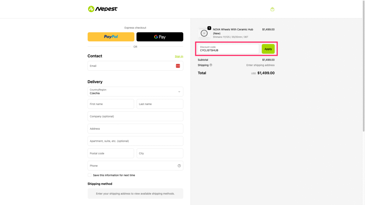 Screenshot of the nepestsports.com checkout with the CYCLISTSHUB discount code typed in.