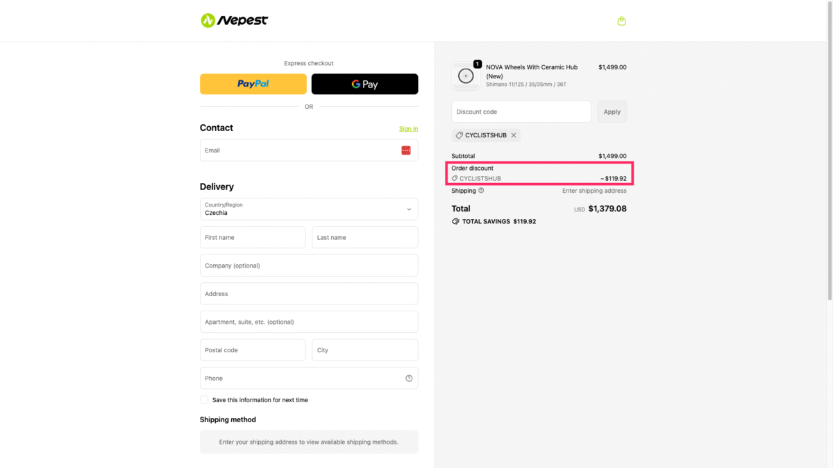 Screenshot of the nepestsports.com checkout with the CYCLISTSHUB discount code applied and discount highlighted.