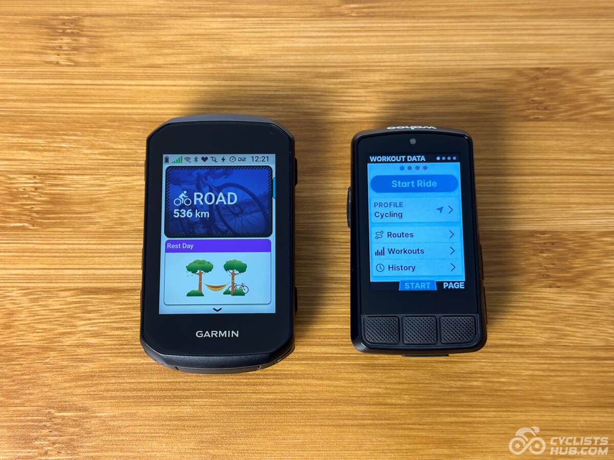 Garmin Edge 550 vs. Wahoo ELEMNT BOLT 3 dashboard page.