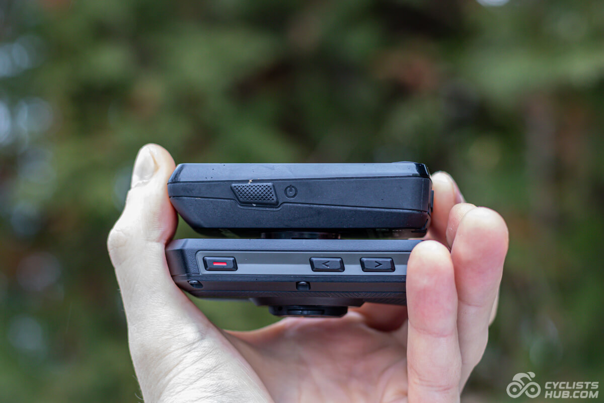 Me holding the Garmin Edge 550 vs. Wahoo ELEMNT BOLT 3 showing the left side.